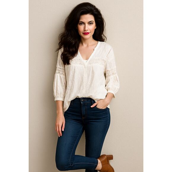 Sundance Victorian White Richelieu Crinkle Blouse Lace Accents Cotton blend Med - Picture 8 of 8